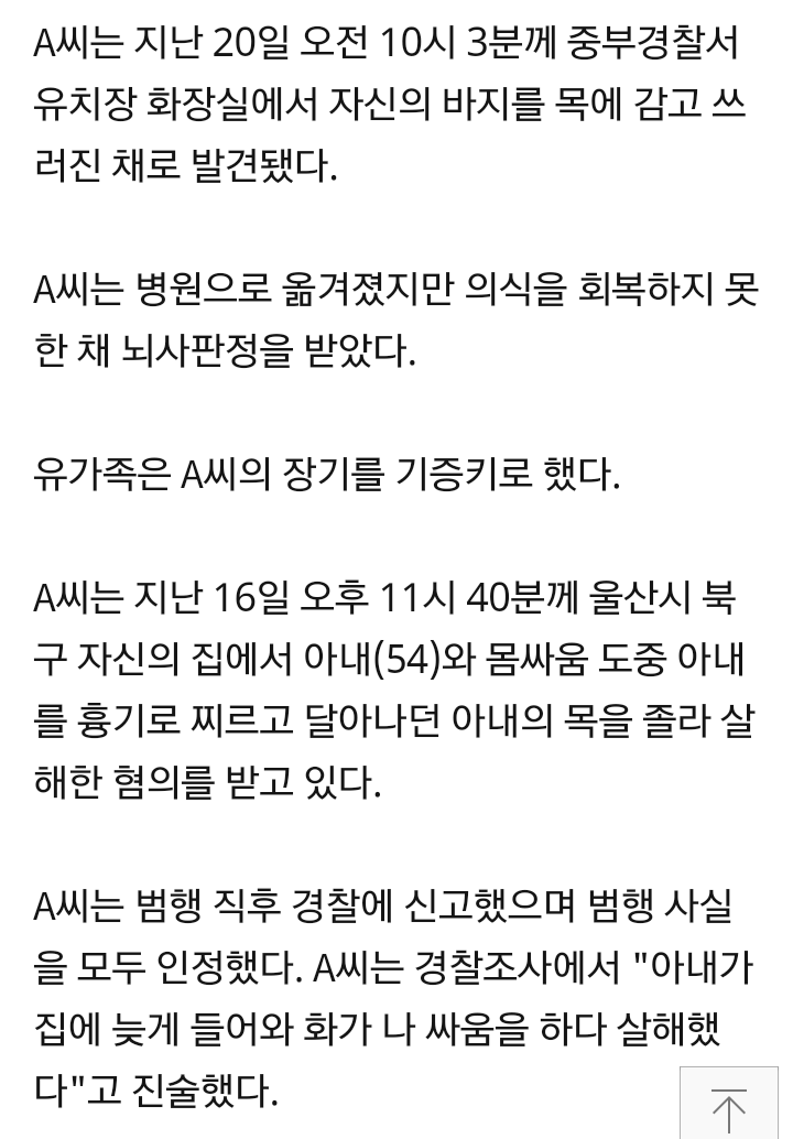 아내 살해 후 유치장서 자해한 50대 사흘만에 숨져 | 인스티즈